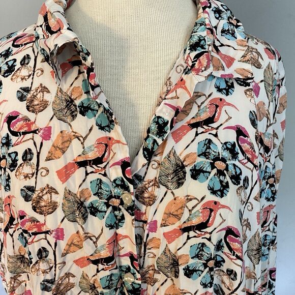 Talbots Blouse Sz 2X Bird Print Long Sleeves Roll Tab Teacher Art To Wear Casual - Picture 2 of 9